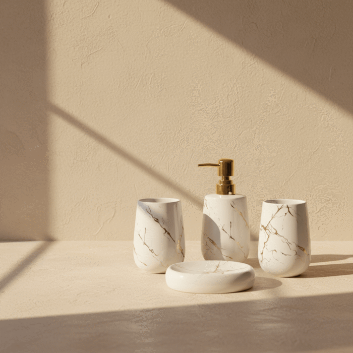 Marble-Inspired Ceramic Bathroom Set with Gold Accents – 4-Piece (6)