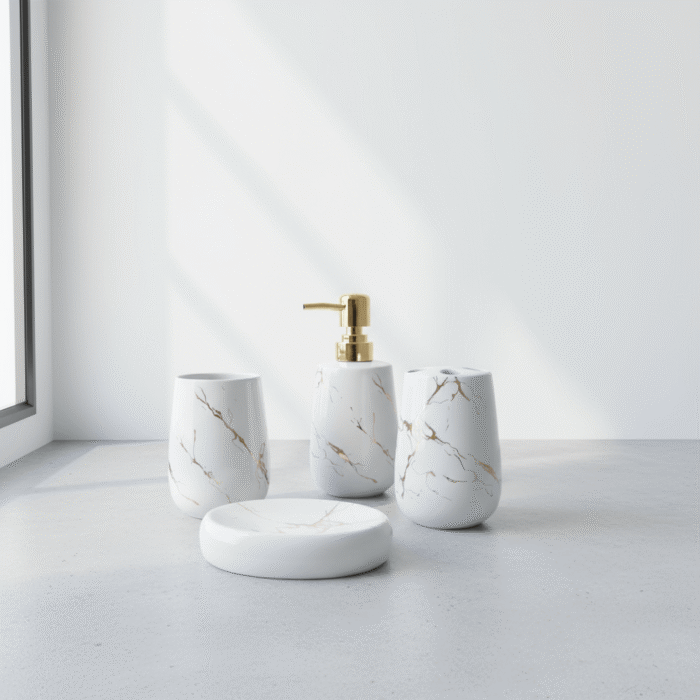 Marble-Inspired Ceramic Bathroom Set with Gold Accents – 4-Piece (7)