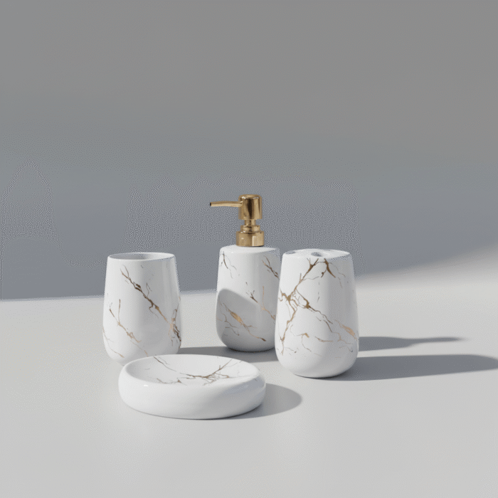 Marble-Inspired Ceramic Bathroom Set with Gold Accents – 4-Piece (8)