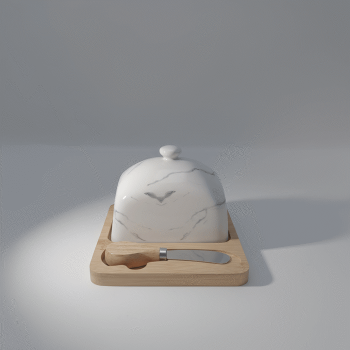 Premium white marble butter dish with smooth dome, natural textured base, and matching spreader, available at Mint LB Zahle Lebanon
