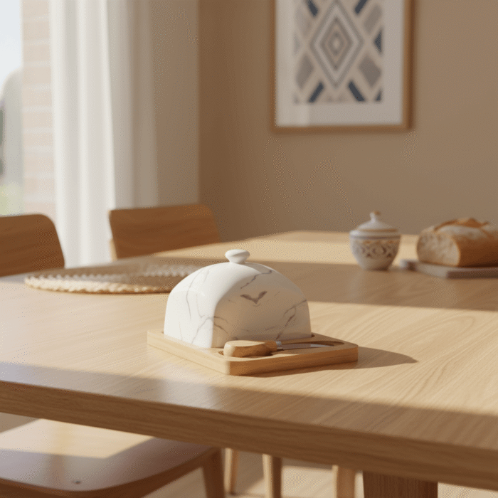 Marble-Style Butter Dish with Wooden Base & Spreader (3)