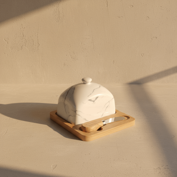 Marble-Style Butter Dish with Wooden Base & Spreader (4)