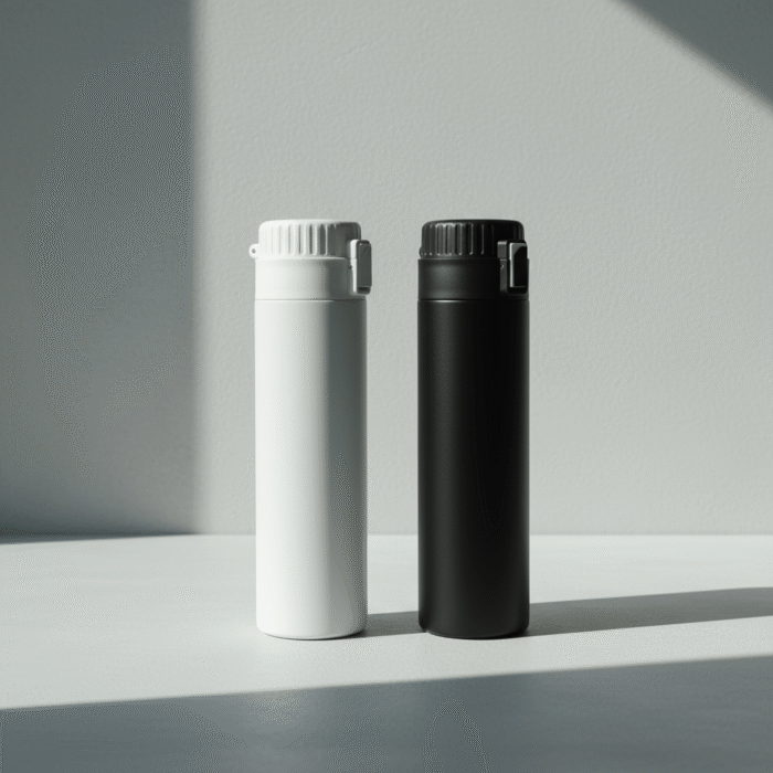 Minimalist black & white water bottle with matte slim profile and secure lid, black & white water bottle, available at Mint LB Zahle Lebanon