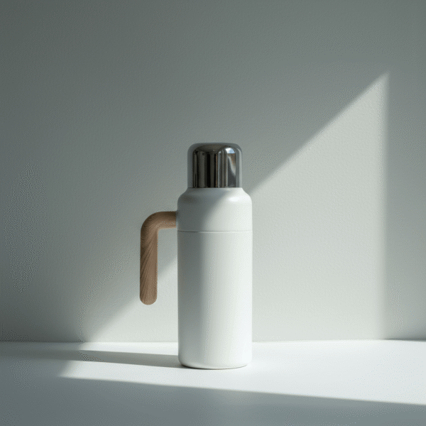 Modern white thermos water bottle with natural side handle and metallic cap, white thermos water bottle, available at Mint LB Zahle Lebanon