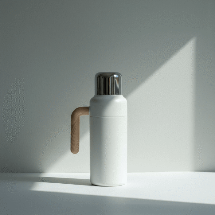 Modern white thermos water bottle with natural side handle and metallic cap, white thermos water bottle, available at Mint LB Zahle Lebanon