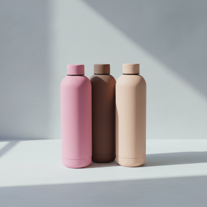 Sleek pink, taupe, and beige soft matte water bottle set with minimalist design, available at Mint LB Zahle Lebanon