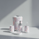 Modern pink geometric bathroom set with pastel patterns and silver accents, available at Mint LB Zahle Lebanon