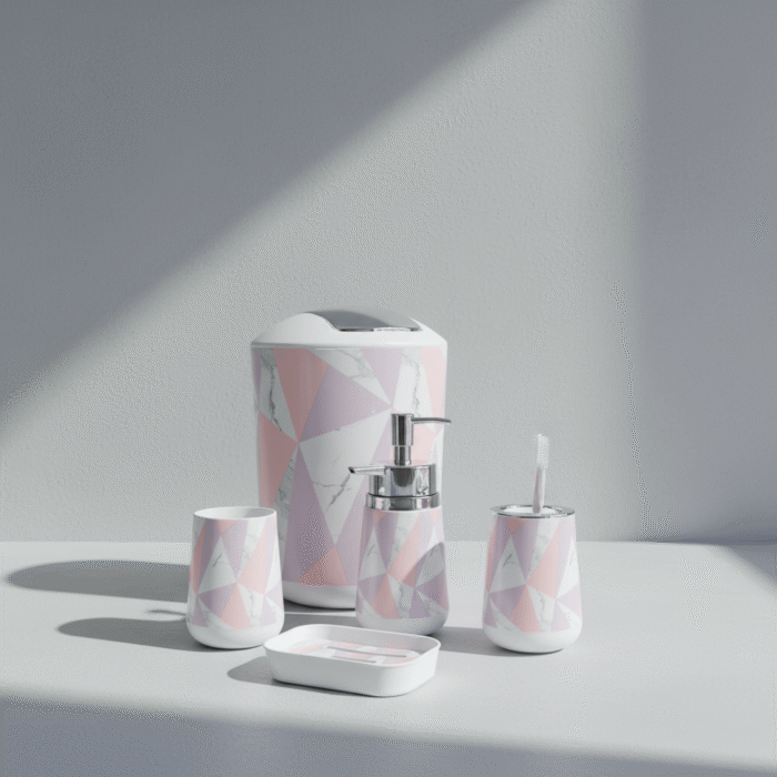 Modern pink geometric bathroom set with pastel patterns and silver accents, available at Mint LB Zahle Lebanon