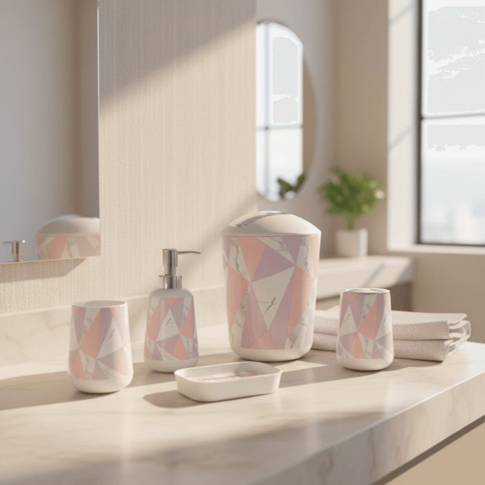 Modern Geometric Marble Bathroom Set – 6-Piece Accessory Collection (2)