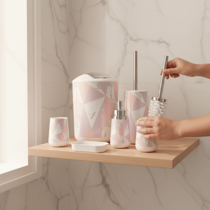 Modern Geometric Marble Bathroom Set – 6-Piece Accessory Collection (4)