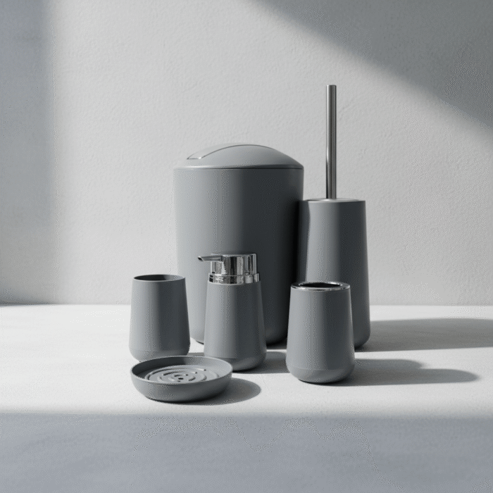 Sleek slate grey bathroom set, modern 6-piece with smooth matte finish and metallic accents, available at Mint LB Zahle Lebanon