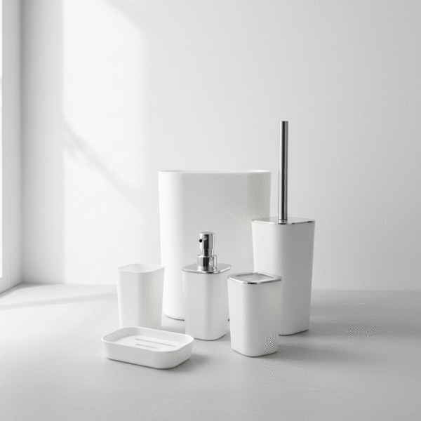 Sleek white bathroom accessory set with metallic accents, smooth finish, minimalist design, white bathroom accessory set, available at Mint LB Zahle Lebanon