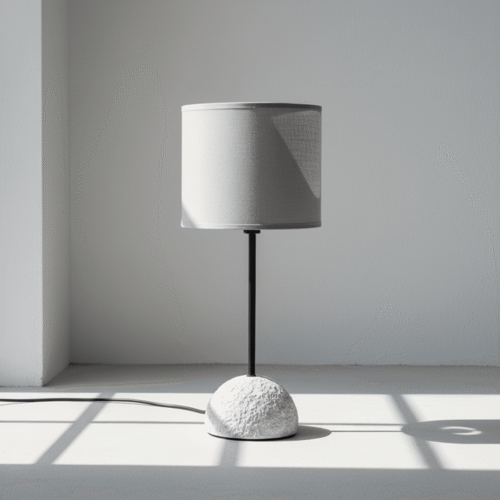 Contemporary light gray accent lamp with soft gray shade, textured half-dome base, and black stand, available at Mint LB Zahle Lebanon