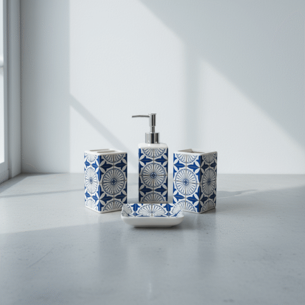 Contemporary blue geometric bathroom set with bold tile-inspired patterns, blue geometric bathroom set, available at Mint LB Zahle Lebanon