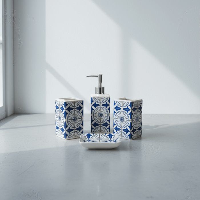Contemporary blue geometric bathroom set with bold tile-inspired patterns, blue geometric bathroom set, available at Mint LB Zahle Lebanon