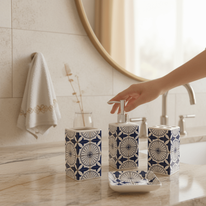 Patterned Ceramic Bathroom Accessory Set – 4 Pieces (5)