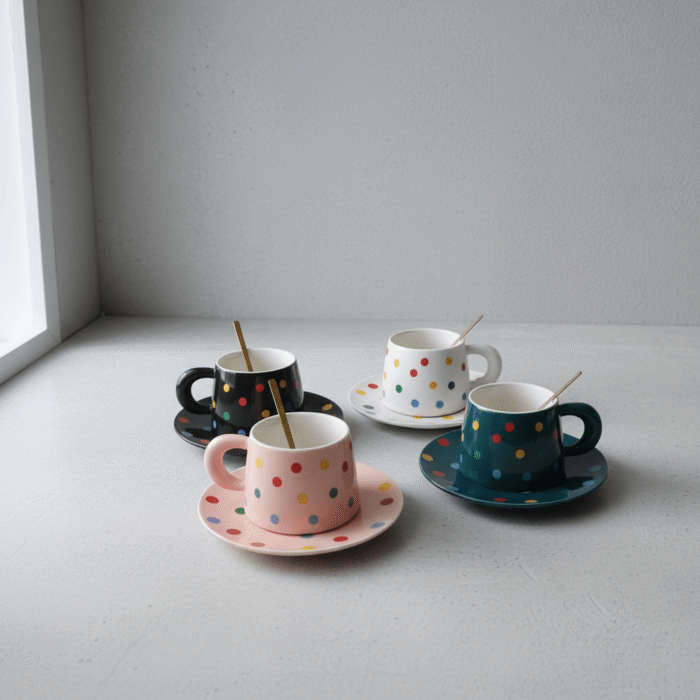 Polka Dot Ceramic Coffee Cup Set (2 Cups + 2 Saucers) (1)