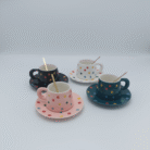 Playful multicolor polka dot coffee set with matching cups and saucers, cheerful design, available at Mint LB Zahle Lebanon