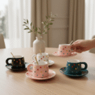 Polka Dot Ceramic Coffee Cup Set (2 Cups + 2 Saucers) (3)
