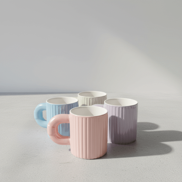 Set of pastel mini mugs with bold ring-shaped handles and ridged texture, pastel mini mugs available at Mint LB Zahle Lebanon