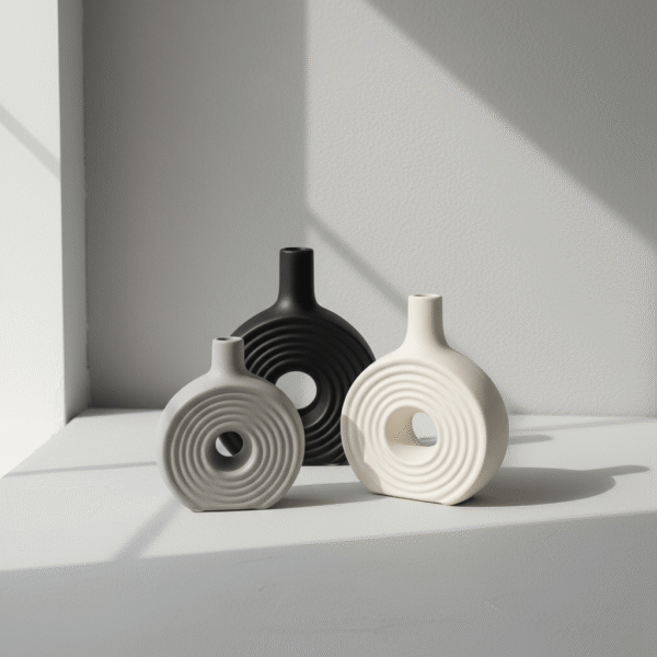 Three ripple-textured circle ceramic vases in grey tones in large, medium, and small sizes