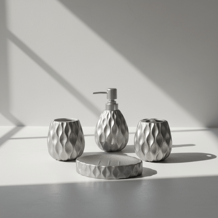 Modern silver sculpted bathroom set with textured finish, silver sculpted bathroom set for bathrooms, available at Mint LB Zahle Lebanon