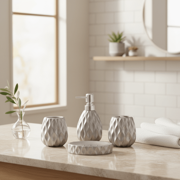 Sculpted Ceramic Bathroom Set – 4-Piece Textured Design (4)