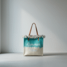 Teal and sand color beach bag with playful fringe and sturdy brown handles, teal sand beach bag, available at Mint LB Zahle Lebanon
