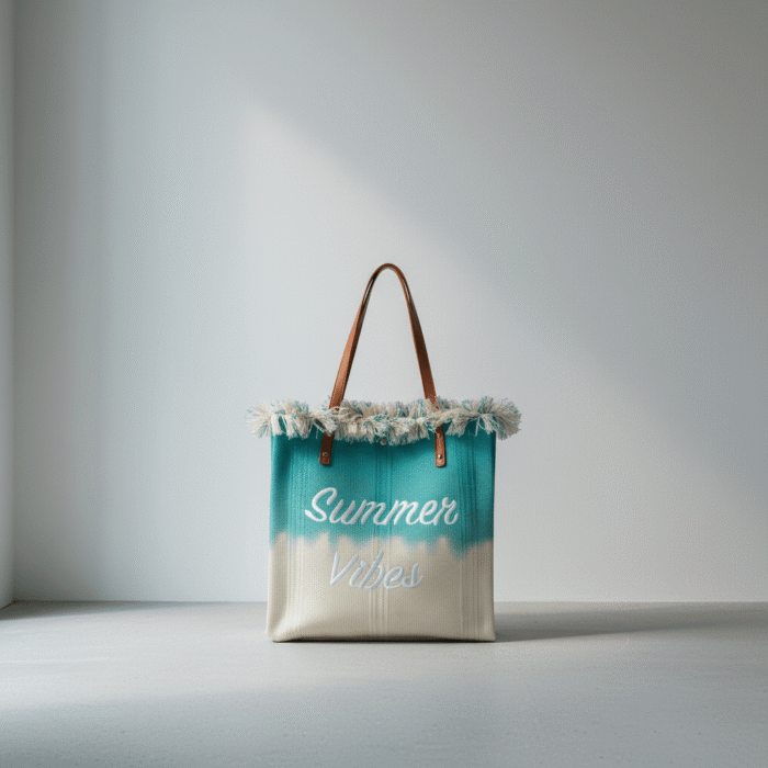 Teal and sand color beach bag with playful fringe and sturdy brown handles, teal sand beach bag, available at Mint LB Zahle Lebanon
