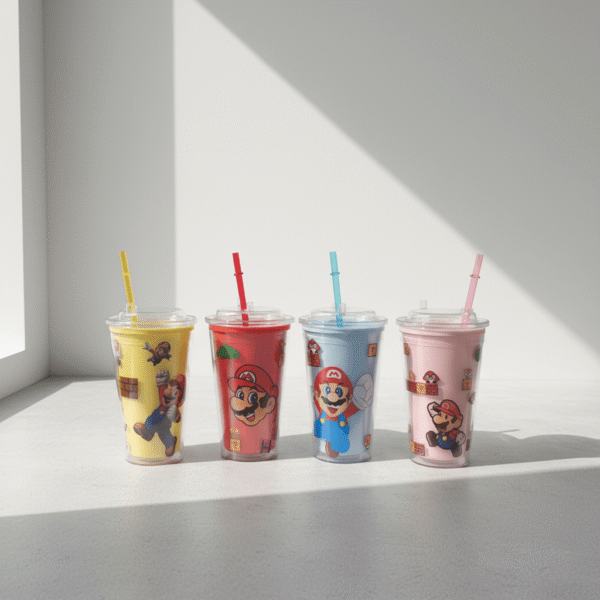 Vibrant multi-color kids water cup with Mario print, secure lid and reusable straw, multi-color kids water cup, available at Mint LB Zahle Lebanon