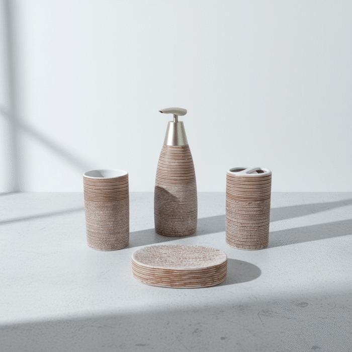 Coordinated natural stripe bathroom set with ribbed light beige and brown design, metallic pump accent, available at Mint LB Zahle Lebanon