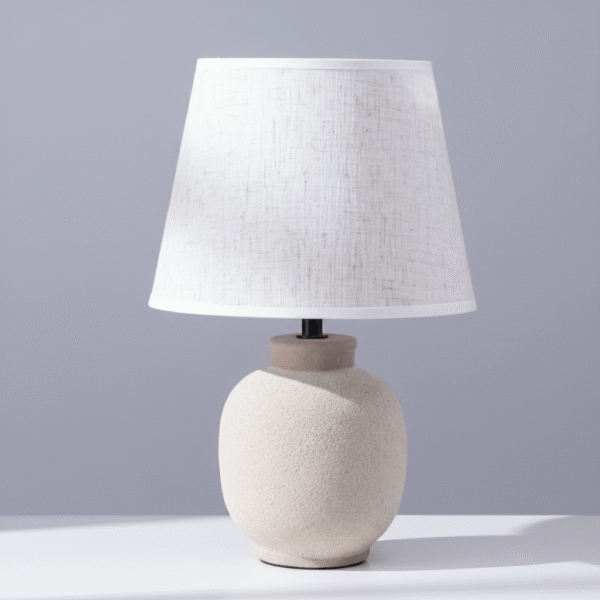 Minimalist light beige accent lamp with textured rounded base and linen-look shade, light beige accent lamp, available at Mint LB Zahle Lebanon