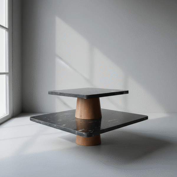 Modern black two-level display stand with square marble-look surfaces and smooth natural base, black two-level display stand, available at Mint LB Zahle Lebanon