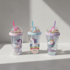 Whimsical pastel unicorn kids cup with dome lid, floating colorful beads, and reusable straw, pastel unicorn kids cup available at Mint LB Zahle Lebanon