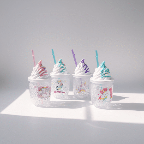 Magical unicorn glitter drink cup with ice-cream swirl lid, playful glitter accents, pastel straws, available at Mint LB Zahle Lebanon