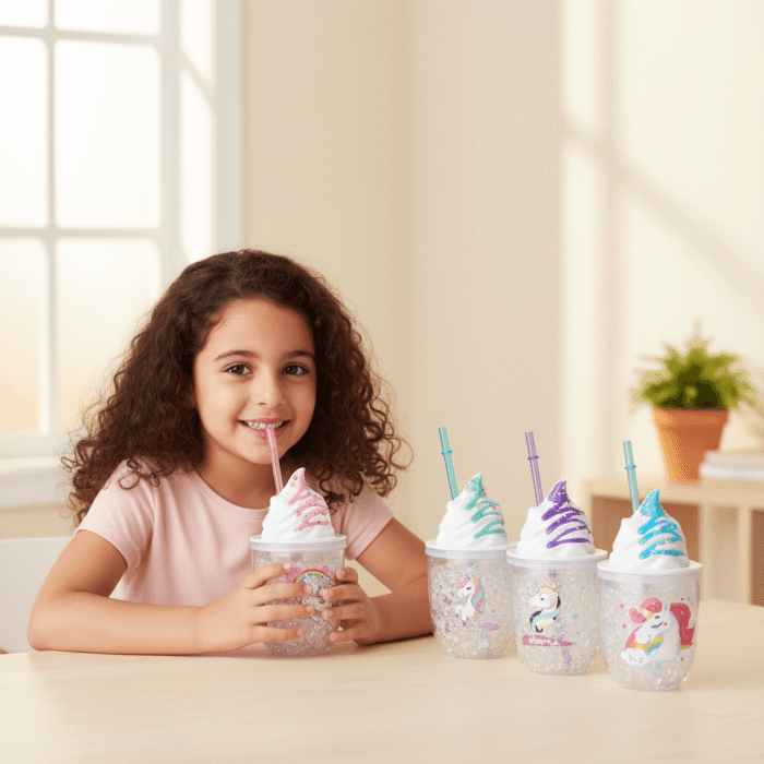 Unicorn Ice Cream Water Cup – Double Layer Glitter Cup with Whipped Lid & Straw (2)