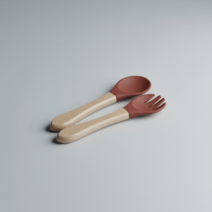 Wood & Silicone Baby Spoon & Fork Set – Red (1)