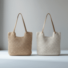 Neutral beige and cream premium woven tote bags with sturdy handles and textured surface, premium woven tote bags available at Mint LB Zahle Lebanon