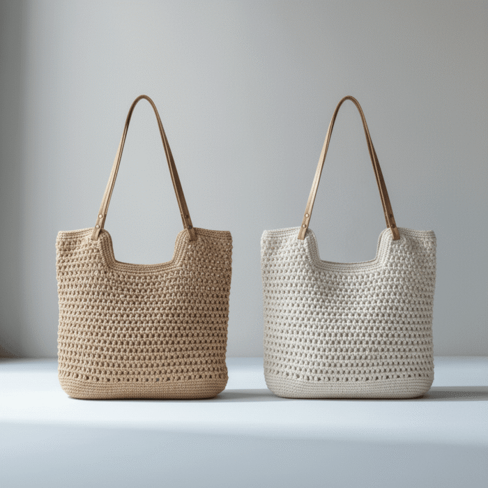 Neutral beige and cream premium woven tote bags with sturdy handles and textured surface, premium woven tote bags available at Mint LB Zahle Lebanon