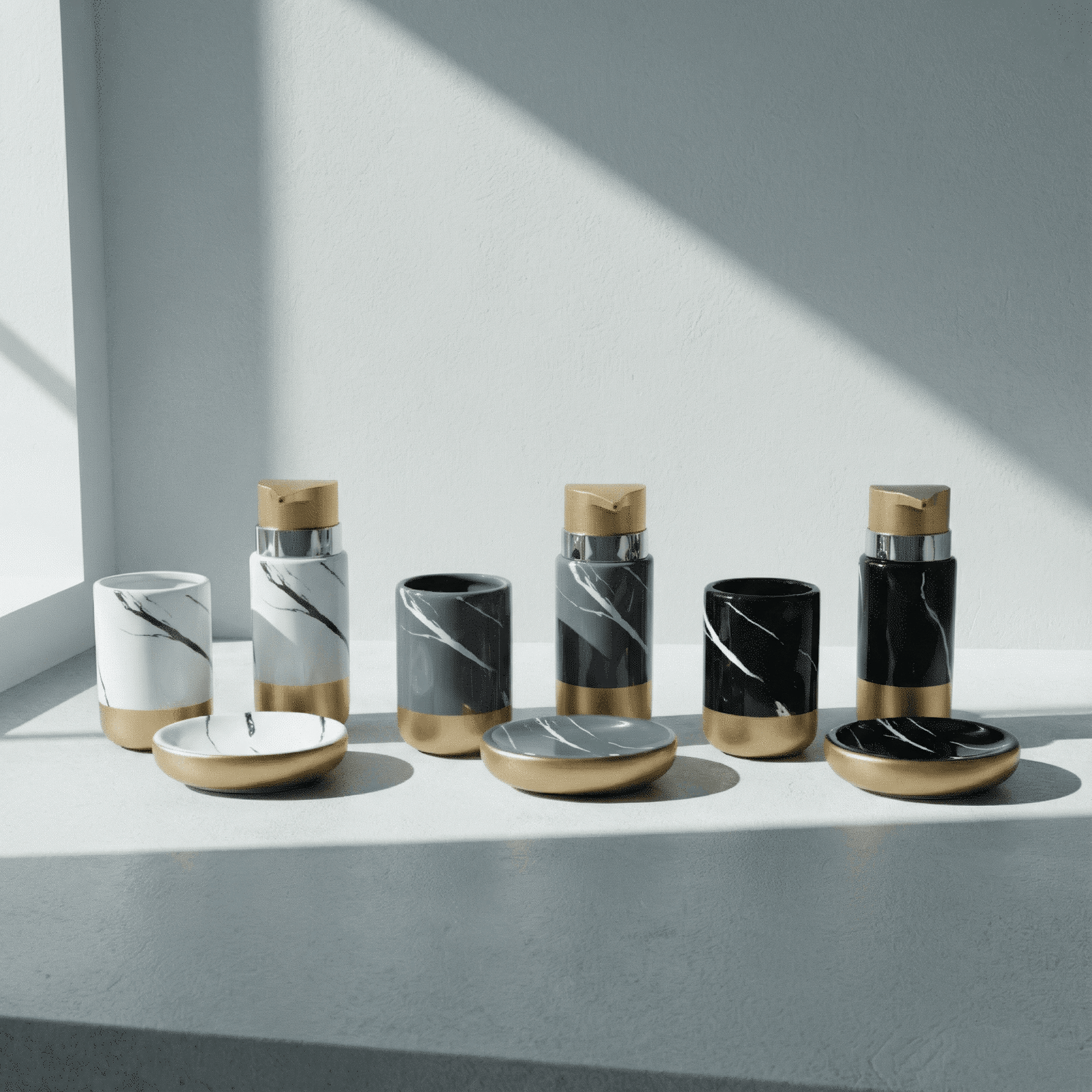 Modern marble bathroom set gold accents in white, gray, and black tones with gold trim, available at Mint LB Zahle Lebanon
